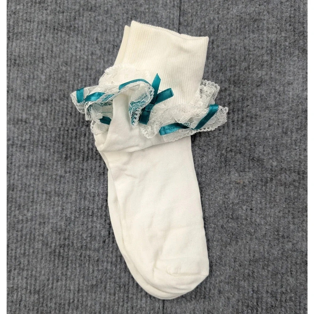 Vintage Lace Ruffle Socks Womens 9-11 Nylon Coquette White Chruch Girly Y2K 90s